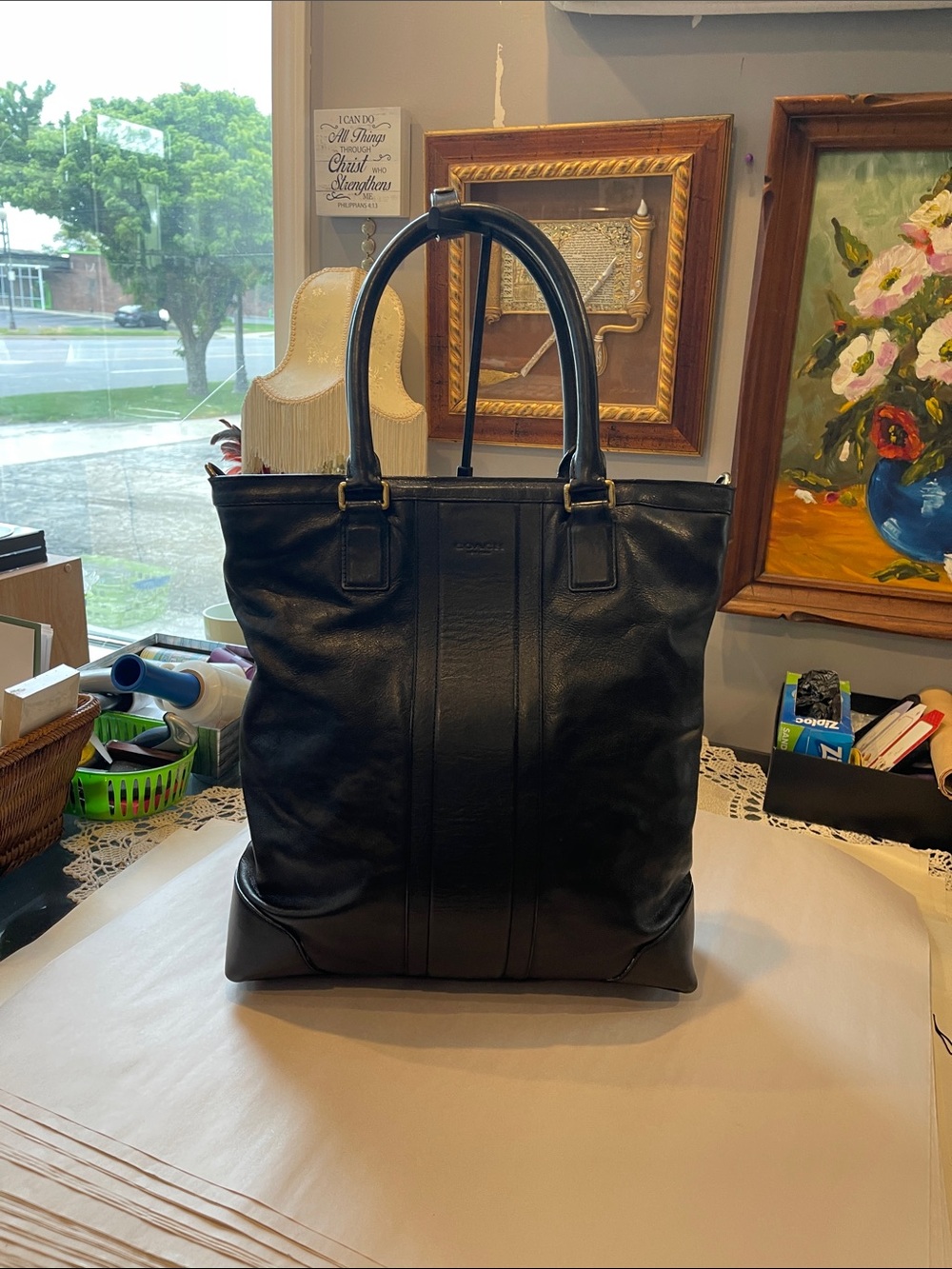 Coach Heritage Web Business Tote Bag Leather double handles black
